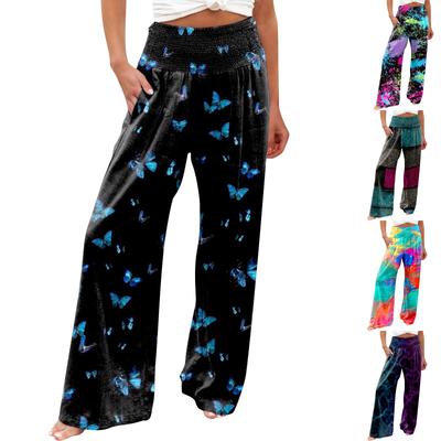 Pantalones De Talle Alto Para Mujer Pantalones Palazzo De Pierna Ancha Elásticos Impresos Pantalones De Playa Cómodos Casuales Pantalones