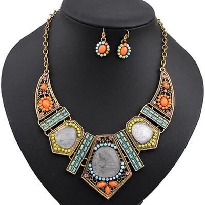 Women's Boho Colorful Hollow Statement Chain Choker Necklace Hook Earrings Set