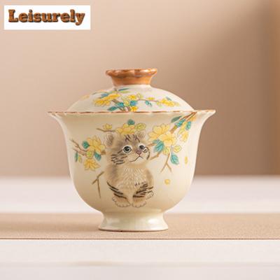 160ml Imitation Song Ru Kiln Gaiwan Luxury Cream Cat Luxury Tea Tureen Household Tea Maker Cover Bowl Cafes Accessories Gift