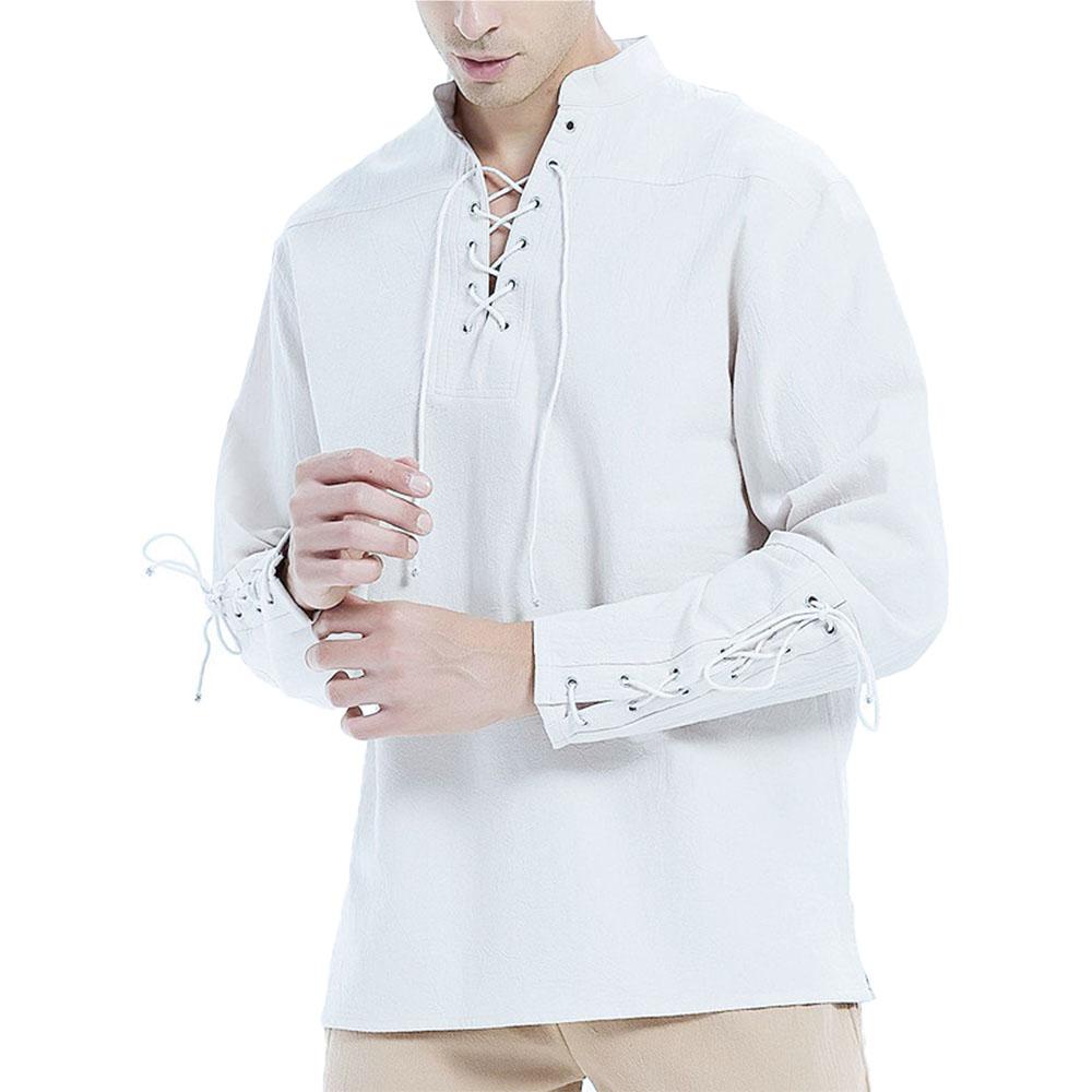 Baumwoll-Leinen-Hemden für Männer Mittelalter-Kostüm Strand-Tops Hemd Pull on Male Loose Casual Streetwear Cosplay Langarm