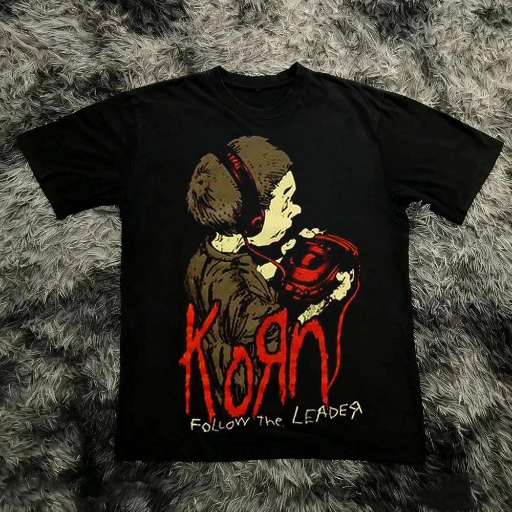Rock Band Korn Follow The Leader Printed TShirt DoubleSided Metal Band Teecasual Loose Oversize Couple Tee Vintage Tops Unisex