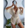 Long Sleeve Mesh Girdle One-Piece Swimsuit Women's High Waist Printed Drawstring Bikini High Waist Skinny