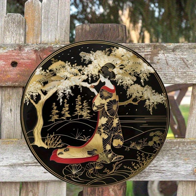 2d Flat 20*20cm, Round Wooden Wall Sign, Japanese Kimono Decorative, Paper Cuttings Decorations, Entrance Decor Gift, for Bar, Cafe, Home, Wall Decor.