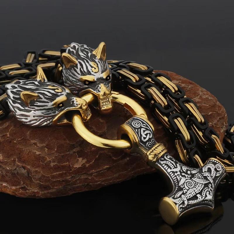 Cross Border New Retro Nordic Viking Hammer Pendant Wolf Head Necklace Men's Norwegian Style Jewelry Amulet Wholesale