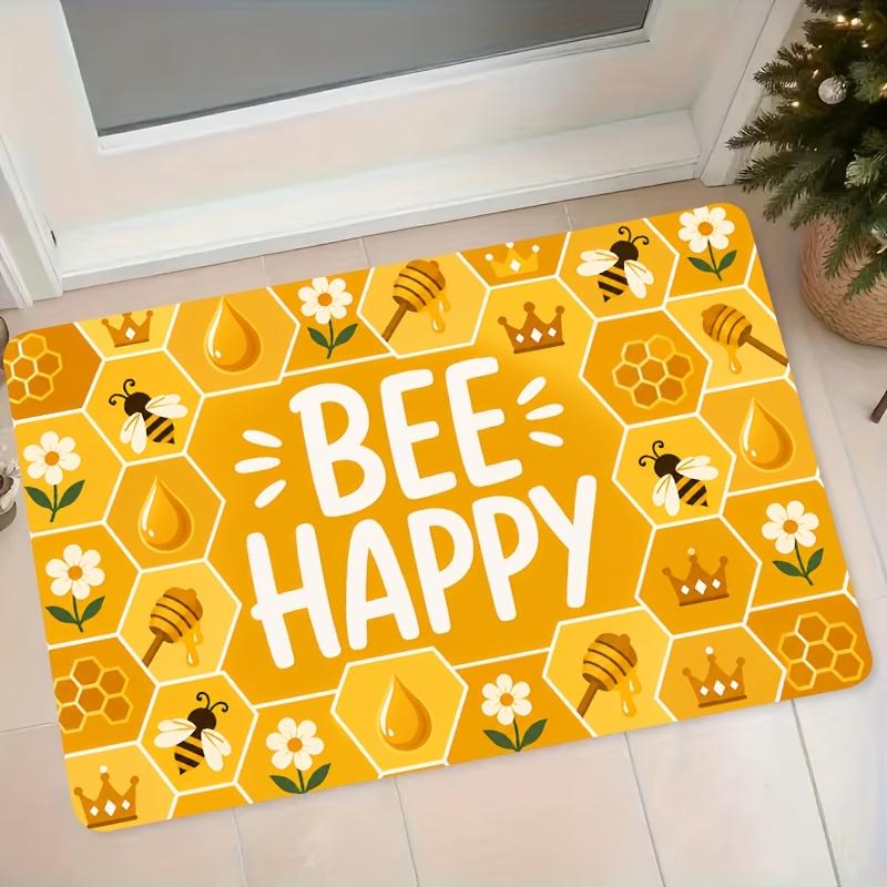 1pc Bee Happy Honeycomb Bee Flannel Mat Home Entrance Door Hallway Anti-Slip Foot Mat Kitchen Bathroom Absorbent Carpet