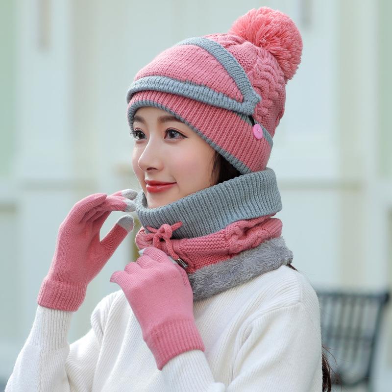 

Four-piece hat, mask, scarf, gloves, women s winter velvet warm knitted wool hat, cycling windproof hat hat + mask + scarf 3-piece set