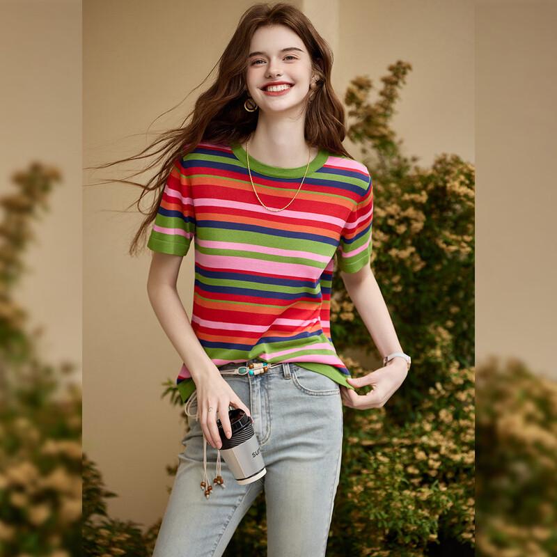 Women's Striped Color Block Knit Short-Sleeve Top