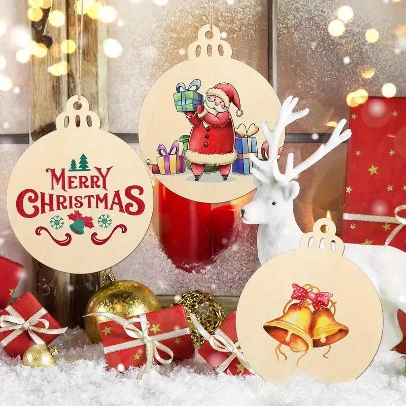 Pure wood ornaments, laser-cut circular plates with holes, handmade holiday decorations featuring Santa Claus, handcrafted