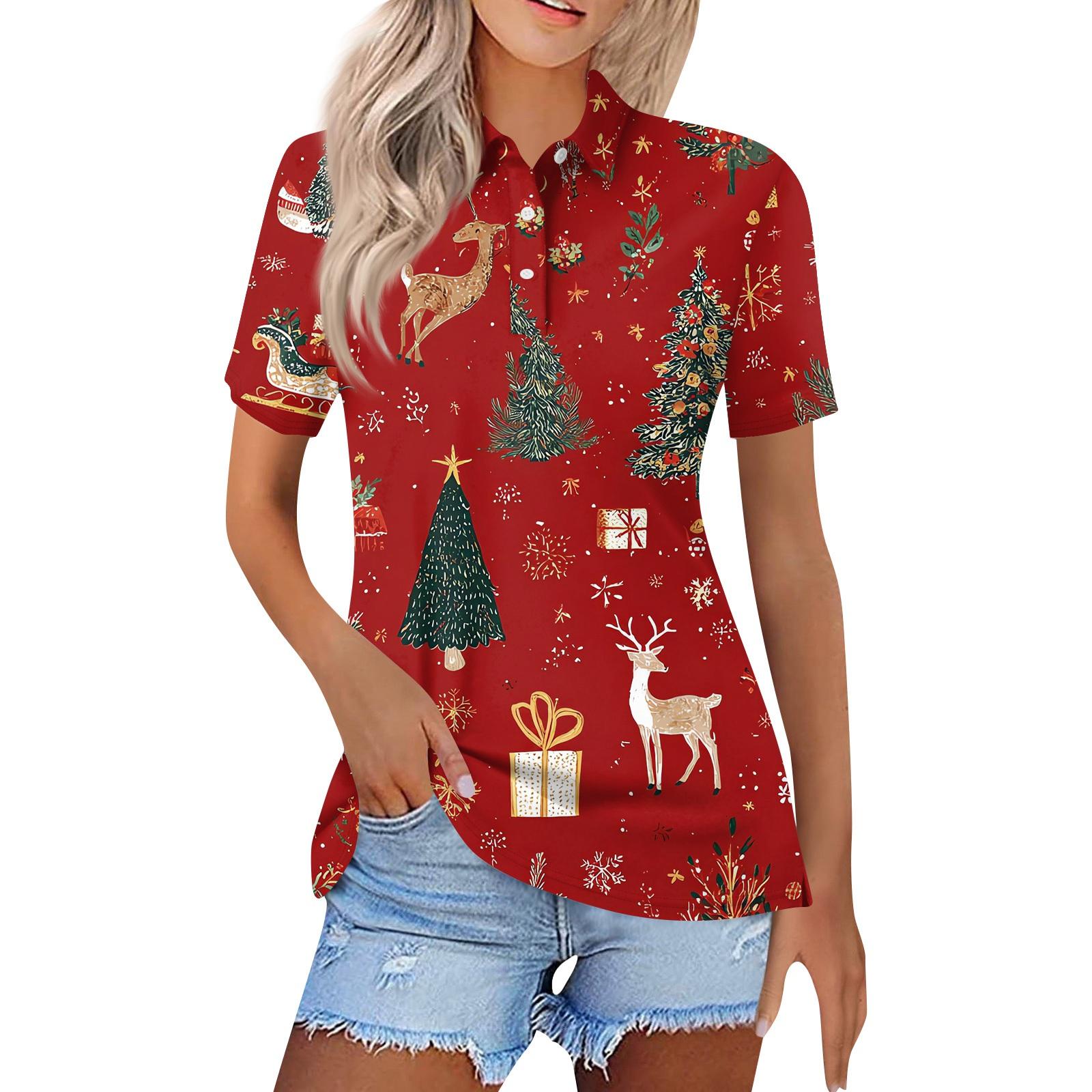 

Women s Fashion Casual Lapel Short Sleeve Christmas Print Shirt Women s Button Up Tops XL червоний