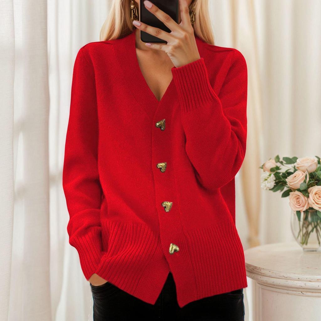 Women's Solid Color V-Neck Long Sleeve Buttoned Cardigan Sweater Coat