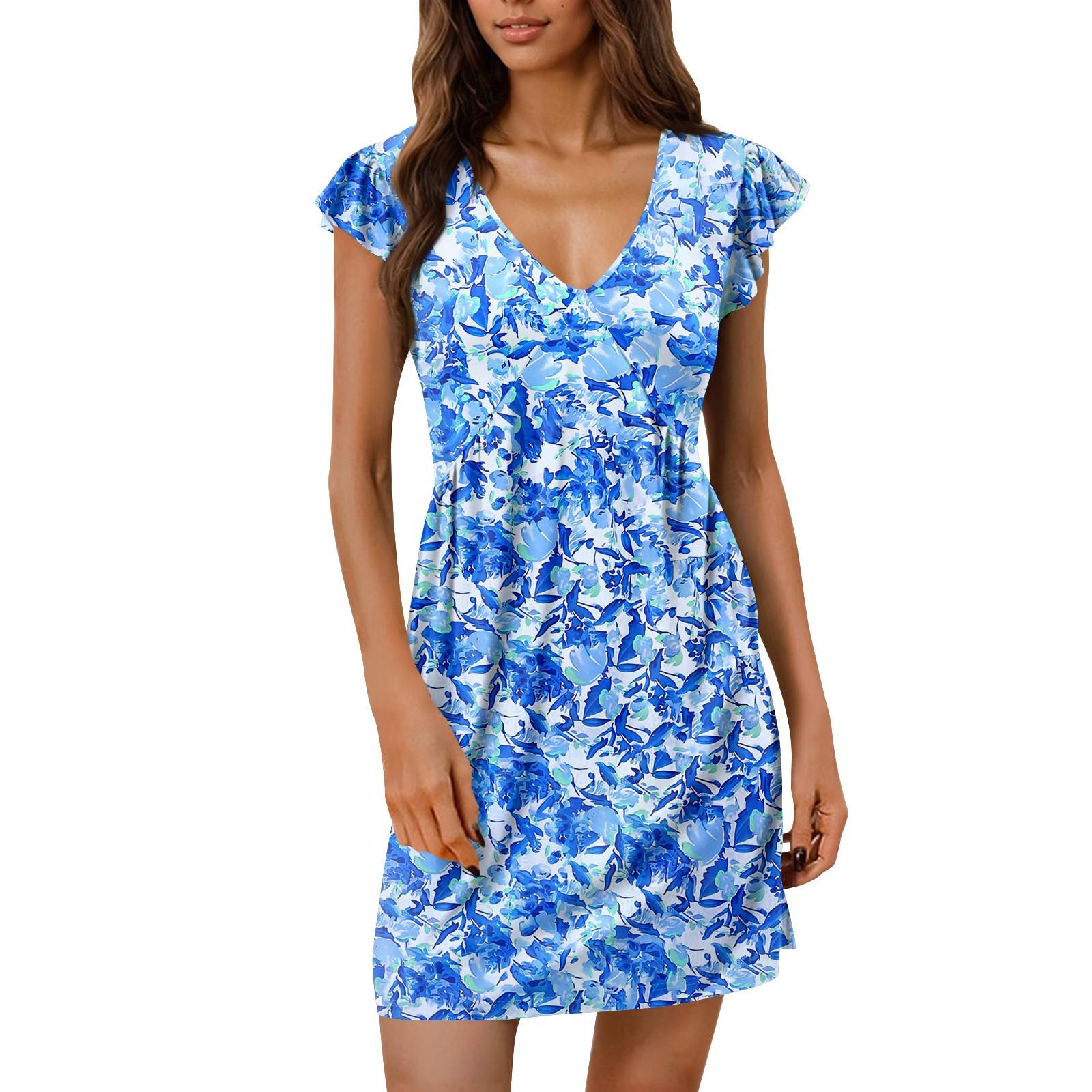 

Женское летнее платье, свободное платье-сарафан без рукавов с V-образным вырезом и карманами S синий