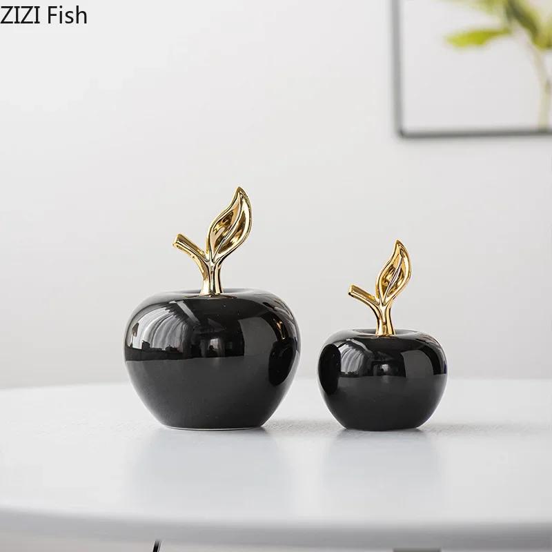 Gold-plated Ceramic Apple Statue Desk Decoration Ornaments Golden Apple Porcelain Sculpture Modern Artwork Room Aesthetic Decor