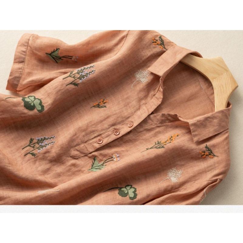 Short-sleeved Cotton and Linen Shirts for Women in Summer New Style Loose Literary Retro Printed Fashion Tops Casual