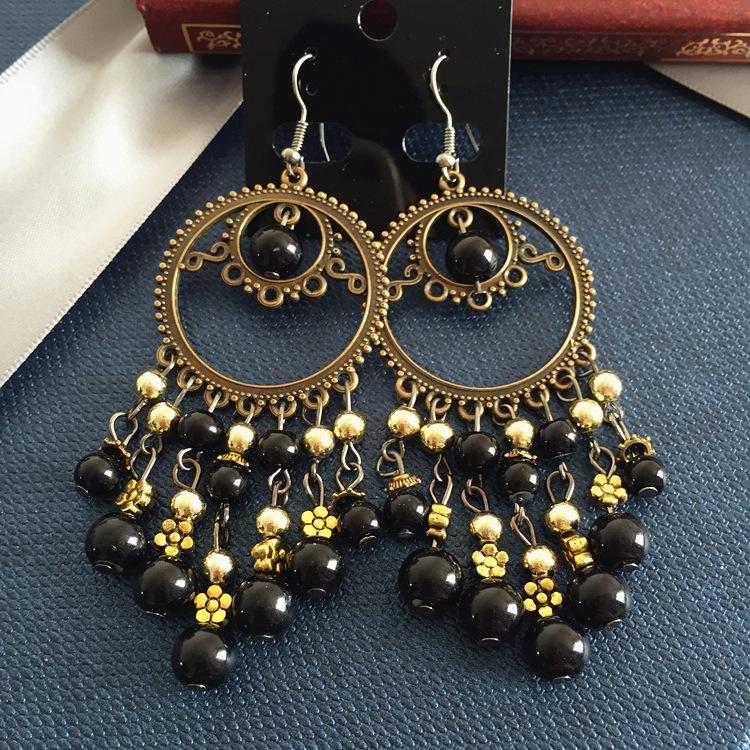 Vintage Celebrity Earrings Fashion Exaggerated Bohemian Tassel Pearl Bronze Long Beaded Earrings