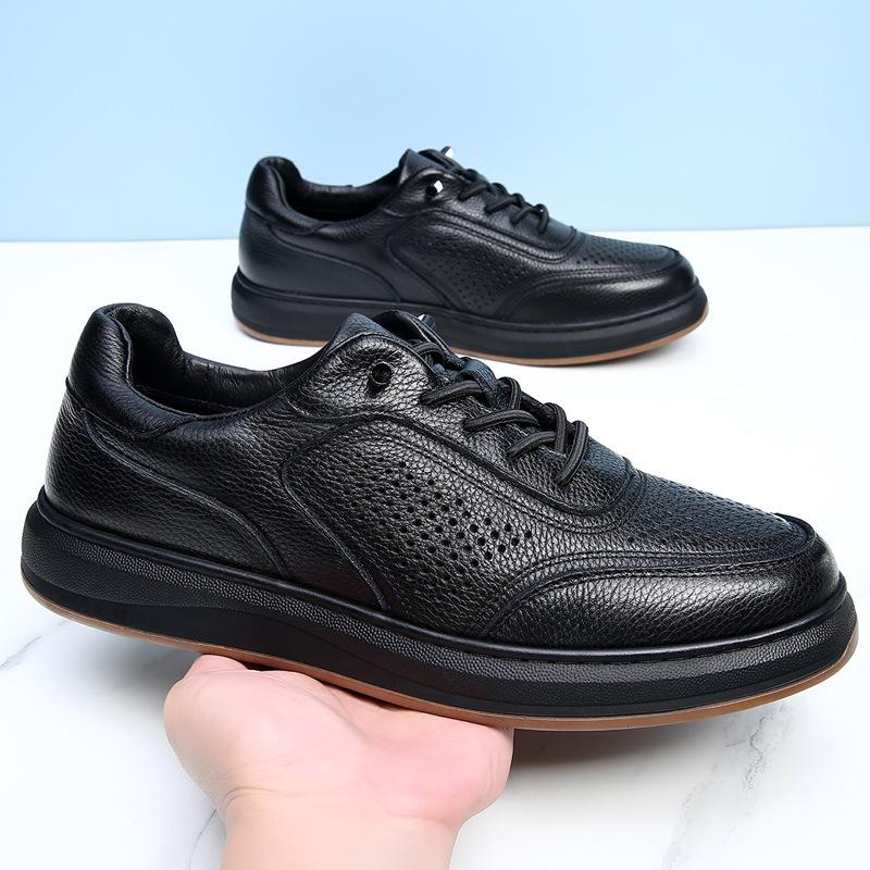 [Tie-free] First-layer Cowhide Board Shoes Men's Fashion Elastic Band Four-season Breathable Black Foot Cover Lazy Light Luxury Shoes