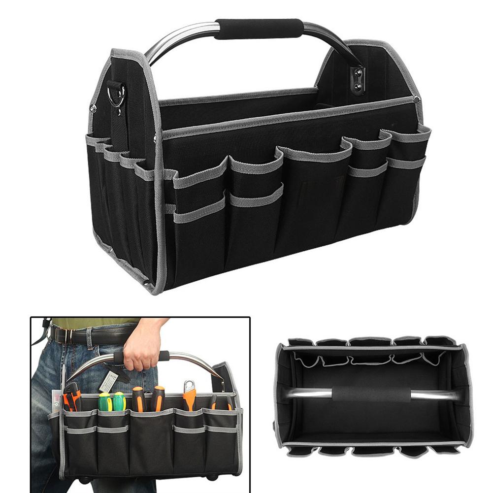 Open Top Tool Tote Large Capacity Tool Organizer Adjustable Shoulder Strap Anti-slip Rubber Pad Foam-padded Handle
