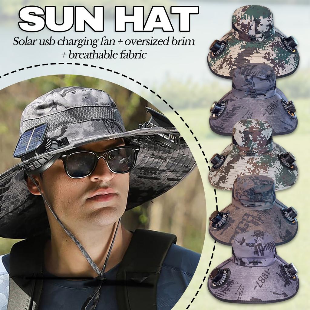 Outdoor Wide Brimmed Sun Hat With 2 Solar Fans, Sun Fisherman Hat For Men And Women, Fishing Beach Hat With Built-in Fan