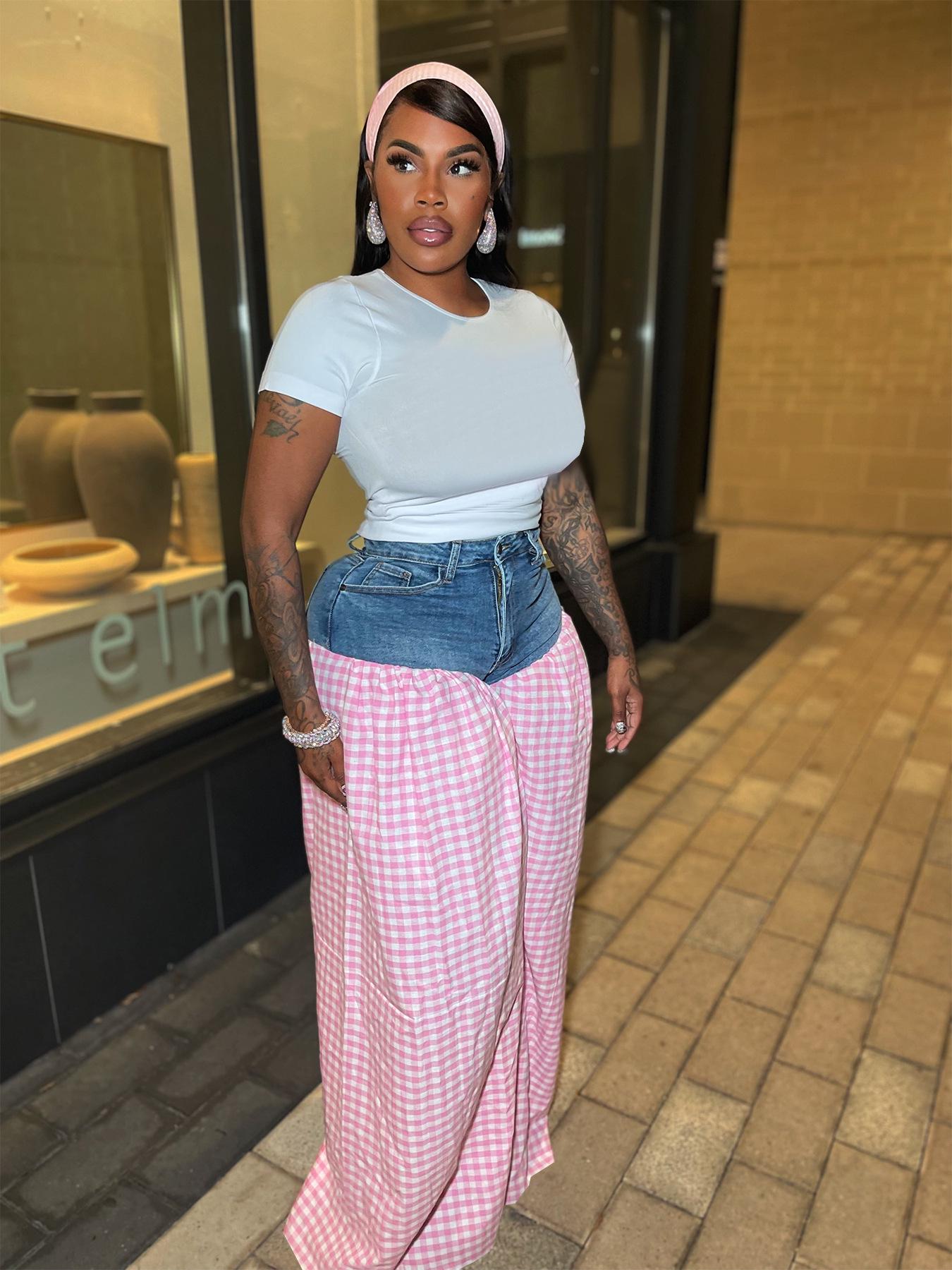 

TW737 Women s Striped Denim Plaid High-Waisted Wide-Leg Pants Large рожевий
