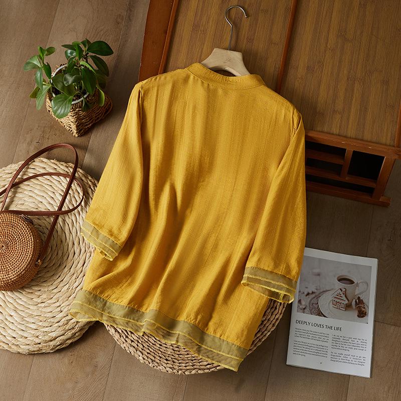2023 Letní Luxusní Bavlněná Lněná Vyšívaná Blůza se Žabkovým Zapínáním