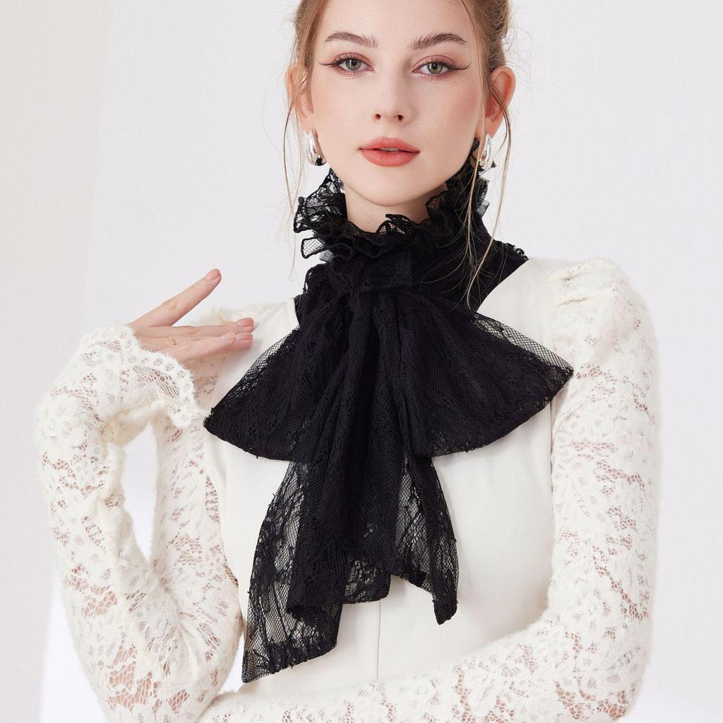 Heavy Industry Ruffled Bow Lace High-Neck Fake Collar for Autumn Wear