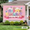 2D Flat Sweet Candy Birthday Banner Pink Background with 3D Letters, Cupcakes & Lollipops