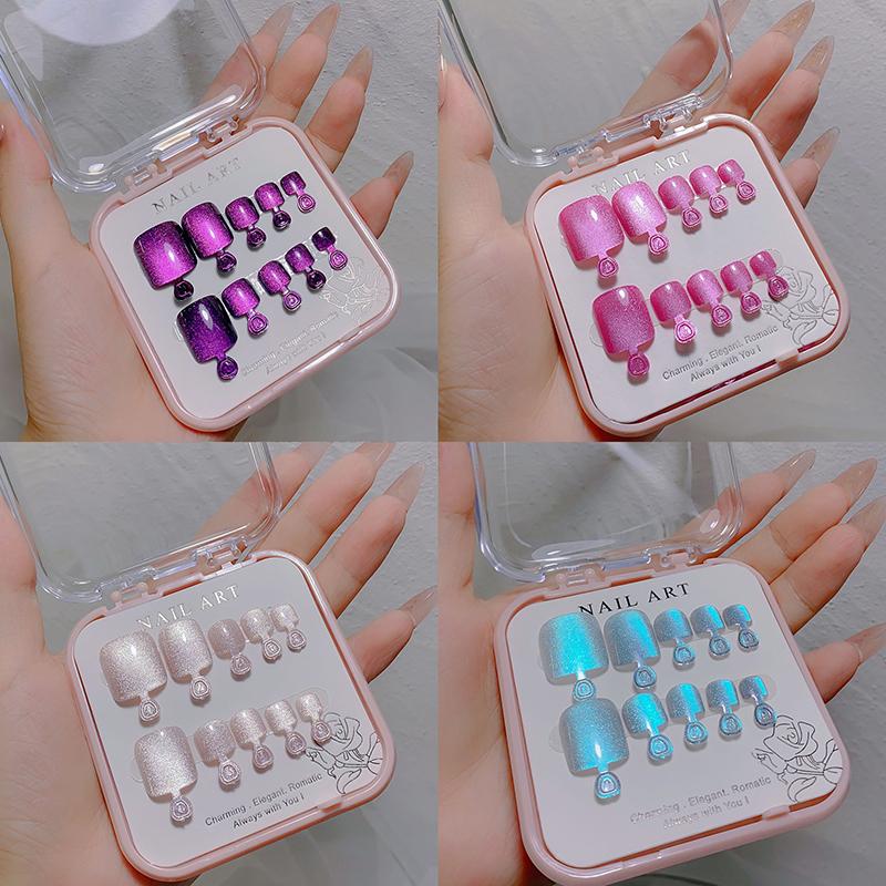 10Pcs/Box  Cat Eye Shining Diamond Toe False Nail Handmade Wearing Armor Short Press On Nails For Toes Faux