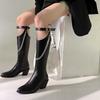 2025 Autumn Winter Women Leather Knee High Boots Sexy Pointed Toe Long Boots Women Fashion Metal Chain Chunky Heel Botas