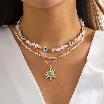 Sunflower Pine Stone Pendant Necklace Pendant Retro Pearl Eyes Beaded Necklace Snake Bone Chain Layered Necklace