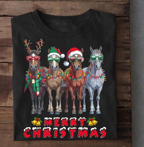 Funny Merry Christmas Horse T-Shirt, Horse Xmas Tee Gift For Horse Lovers 4XL