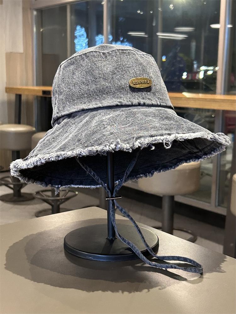 Vintage Washed Denim Cloth Bucket Hats For Women Spring Autumn Wide Brimmed Casual Bucket Cap Foldable Retro Tassel Brim New