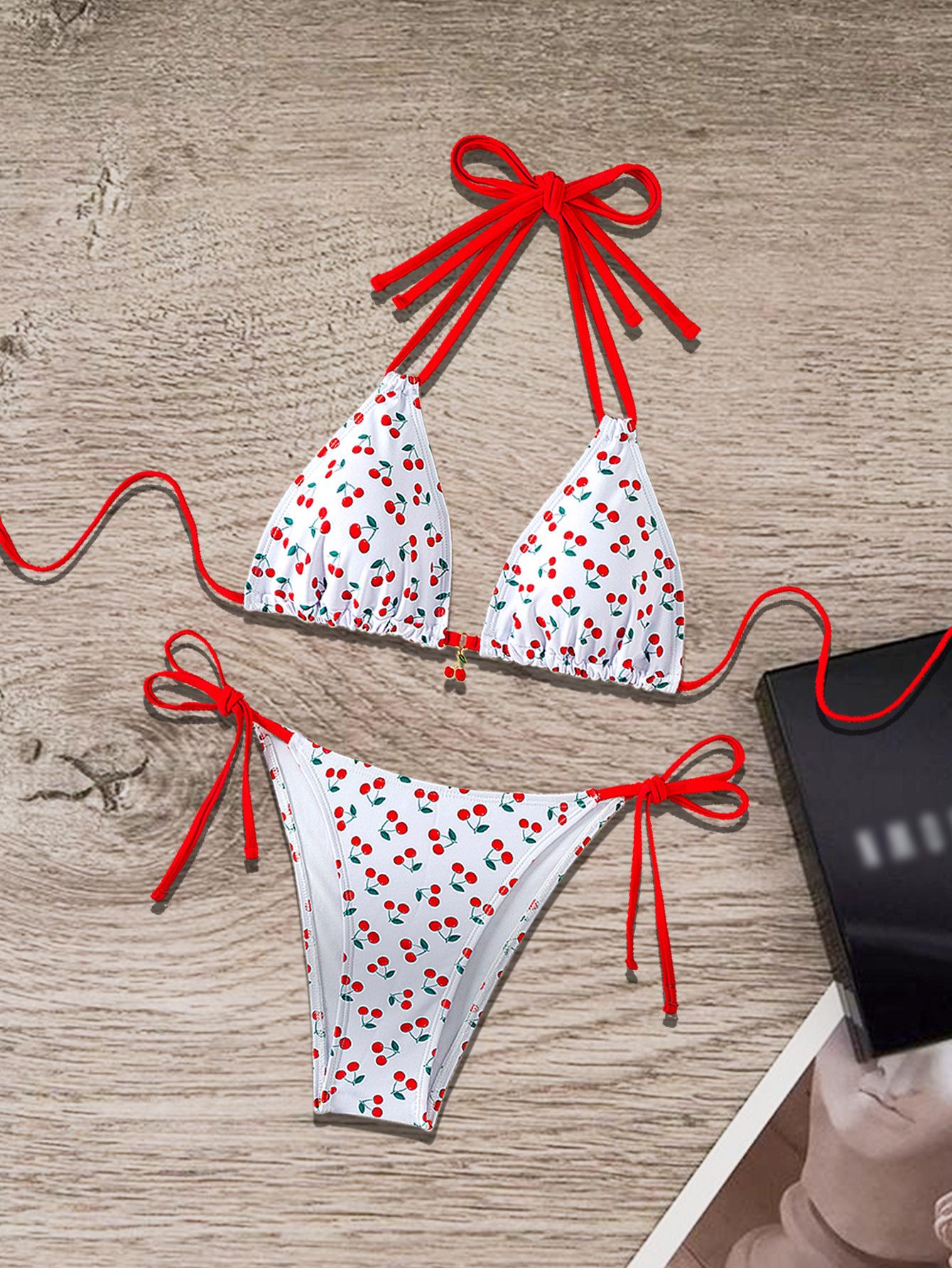 

Купальник бикини с принтом по всей поверхности, с открытой спиной и завязками для женщин - Свежий и милый дизайн Large белый