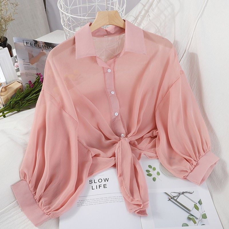 Summer Half Sleeve Buttoned Up Shirt Loose Casual Blouse Chiffon Shirts Women Tied Waist Elegant Blouses for Women