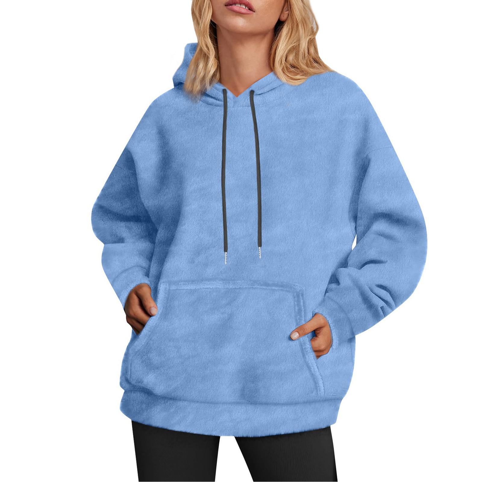 

Женские пуловеры милые удобные однотонные пушистые флисовые толстовки с капюшоном и карманами XL синий