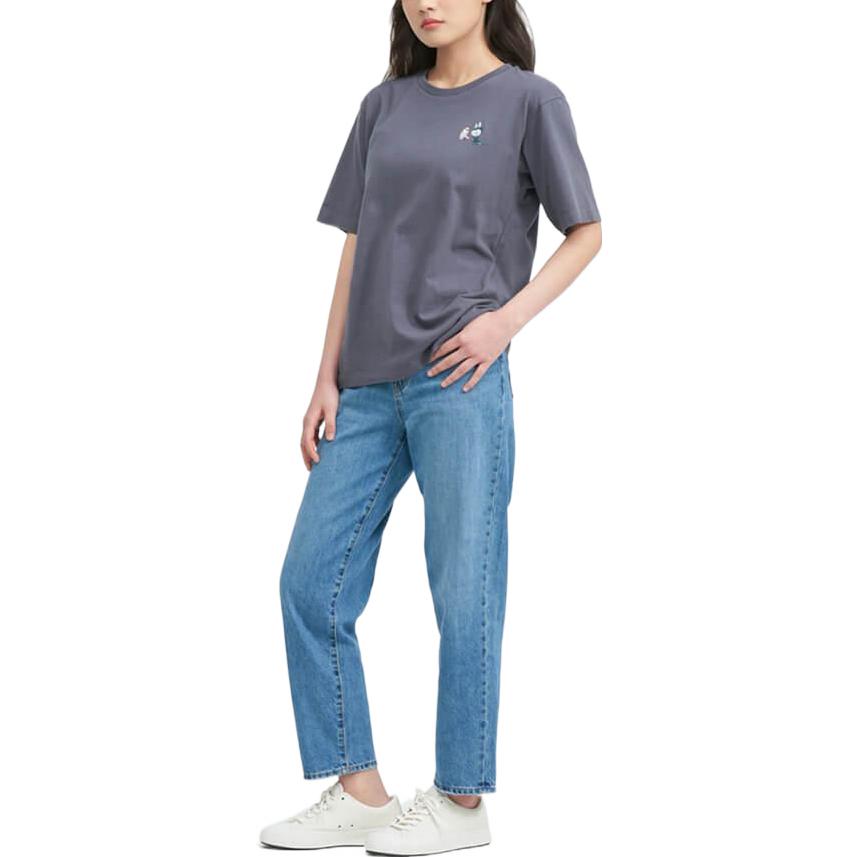 Uniqlo X Pop Mart Cartoon Anime Print Crew Neck T-Shirt Unisex Tops Dark-Gray 449367-08