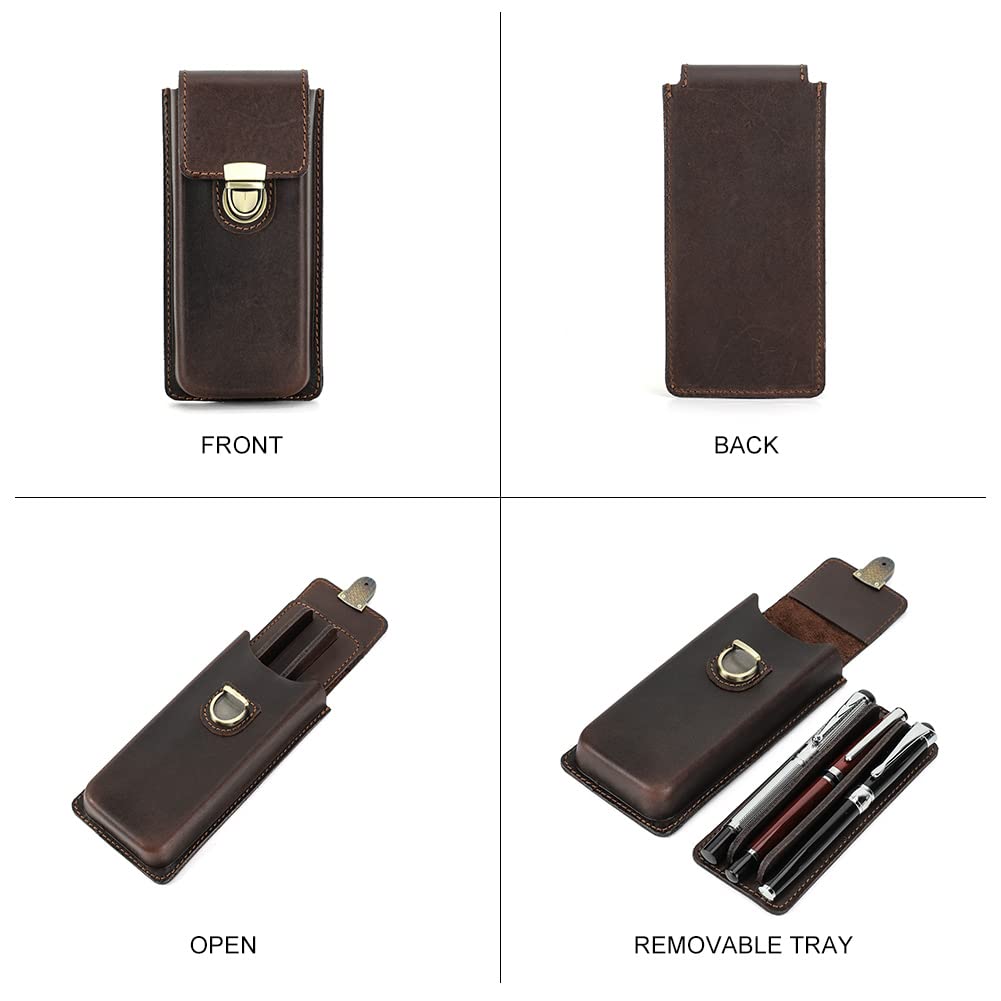 HIRAM Separate Design Pen Case for Fountain Simple Slim Holds 3 Genuine Leather Pens, Design, Pens, (Coffee)