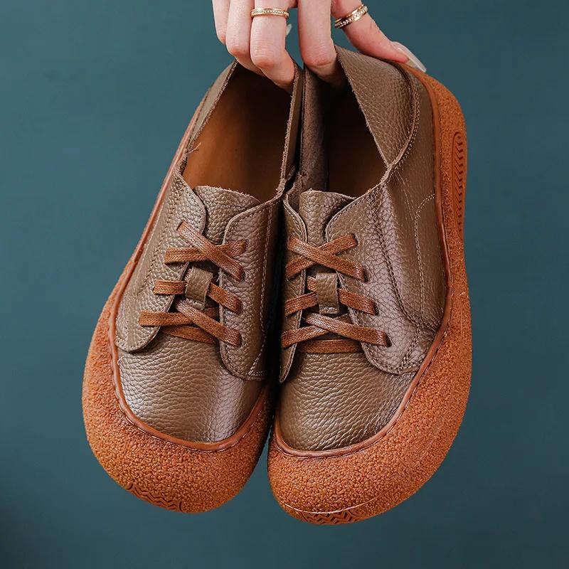 Retro Oxford Sneaker Woman Cow Leather Shoes For Women  Vintage Lace Up Leather Sport Shoes Soft Flat Moccasins