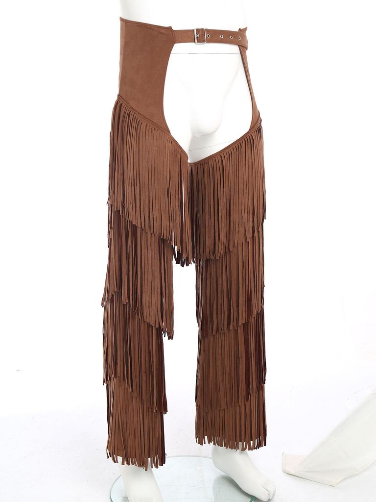 Western Cowboy Motorcycle Pants for Adults Men S-3XL - Open Crotch Buttless Style with Layered Fringe & Adjustable Buckles for Raves Holidays