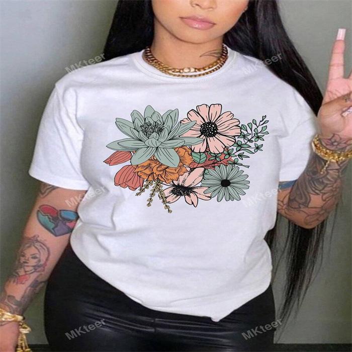 Summer Round Neck Printed Top Fashionable Casual Cute Short Sleeved Women's Pure Cotton T-shirts