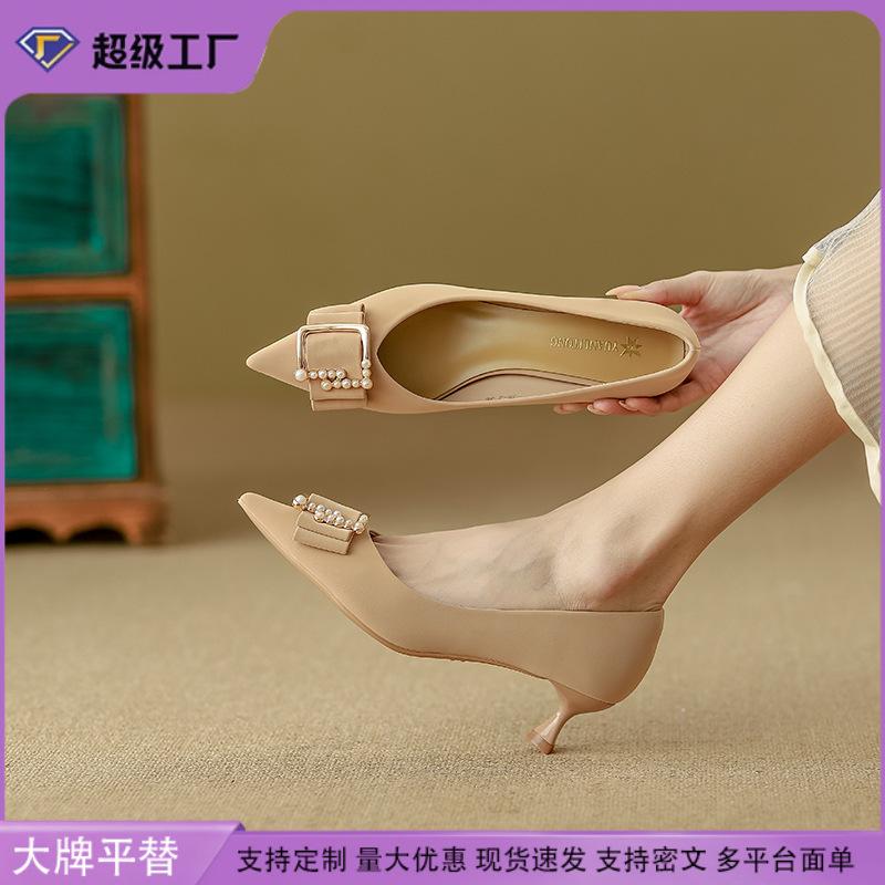 Yuanlitong autumn new high heels women's high-end leather women's shoes pointed temperament single shoes women's wear is not tired