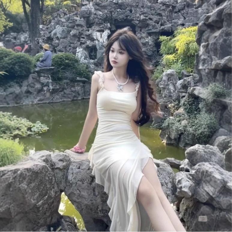 Sweet & Spicy Cap Sleeve Slit Dress: Women's Summer Waist-Cinching Irregular Mesh Long Dress