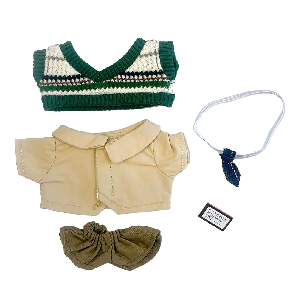 Shirt, pants, vest, tie, and name tag set (green) for 10cm plush toy, kigurumi, accessories, otaku activities, doll, mascot, kpopdoll costume [Used]