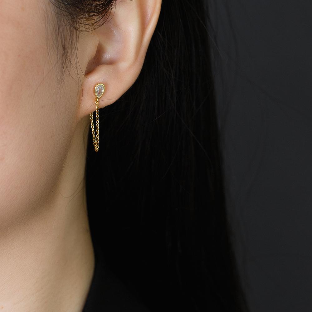 Ins 925 Sterling Silver Long Chain Tassel Oval Water Drop Gold Plated Stud Earrings Jewelry for Women