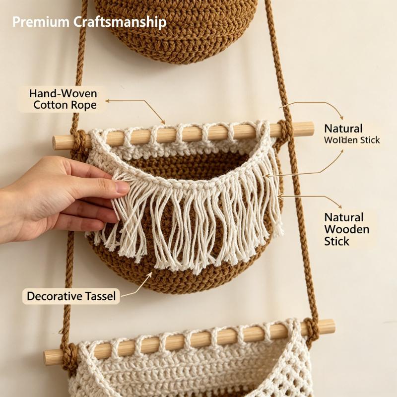 Wall Hanging Basket Cotton Rope Organizer 3 Tier Storage Bag Hand Woven Sundry Storage Door Hanging Rack Home Bedroom Decor