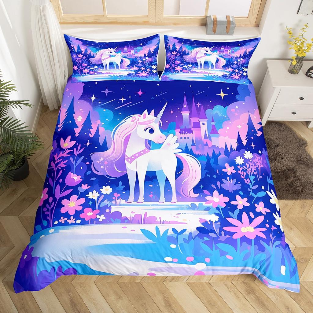 Comforter Unicorn Queen Pink Flowers Bedding Set For Kids Girls Bedroomromantic Sparkle Galaxy Stars Comforter Unicorn