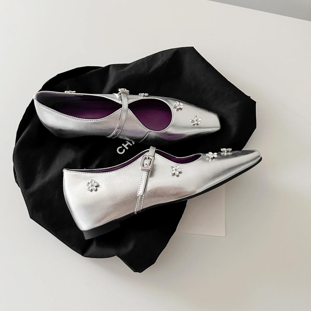 Schafslederversion~ Französische Strassblume Innenhöhenerhöhung kleiner quadratischer Kopf leichter Mund einzelne Schuhe Damenwort mit silbernen Mary Jane Schuhen