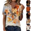 Damen Casual V-Ausschnitt Kurzarm T-Shirt mit Herbstlaub-Print und Zierknöpfen