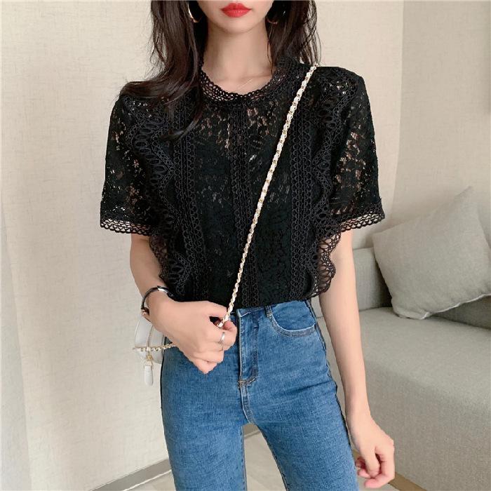 2025 Summer Women's Lace Top: Solid Color, Round Neck, Short Sleeve, Crochet Hollow Out, Loose Fit, Stylish & Comfortable Shirt.