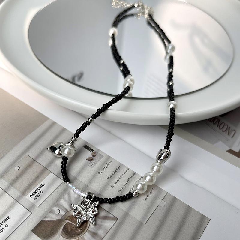 Black Pearl Butterfly Necklace Light Luxury Design Qixi Festival Gift Sweet and Cool Simple Versatile Accessories
