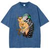 Cartoon Skull Hugging Cat Print Washed Women's T-Shirt Cotton Comfortable and Breathable Black Short Sleeve Loose Top