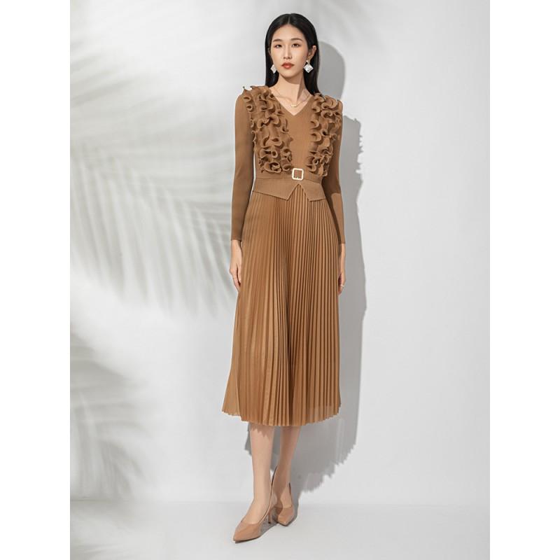 V-Neck Ruffled Waist-Cinched Pleated Midi Dress